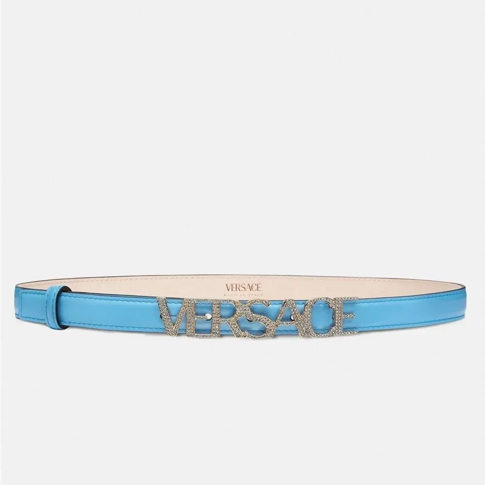 Versace Logo Plaque Crystal Belt Blue Size 90 NWT